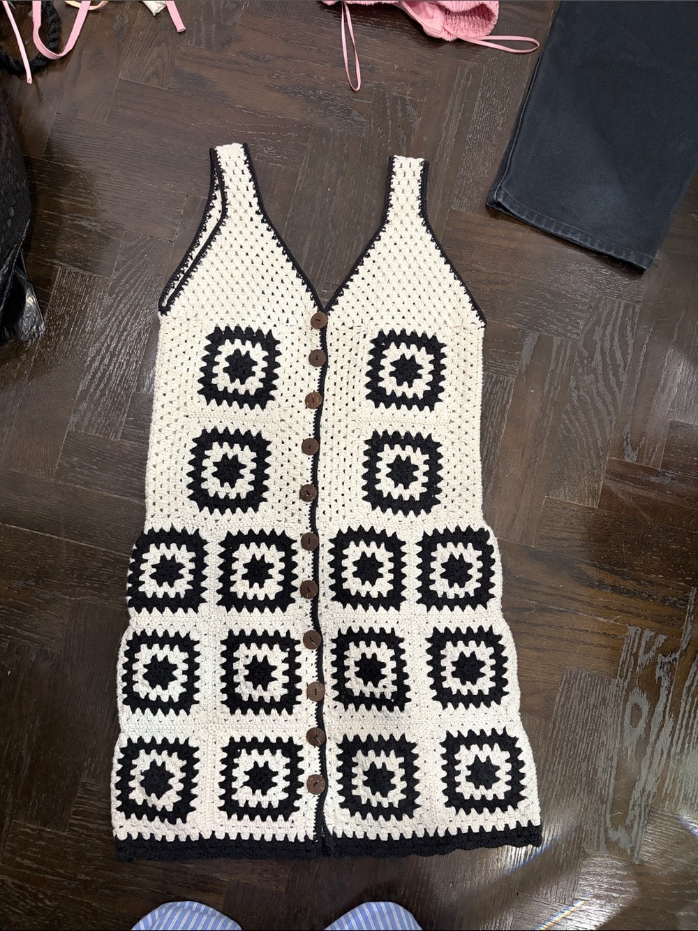 Hand-Crocheted Midi Dress in Cream and Black